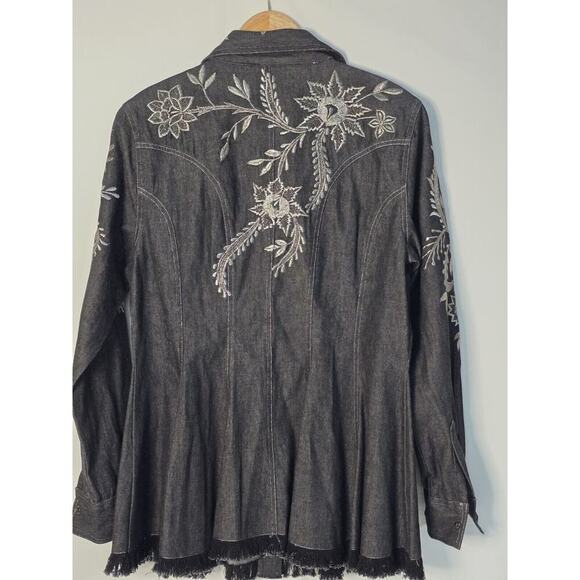 Roja Denim Western Embroidered Fringe Denim Tunic Top Shirt Button Front Medium - Picture 10 of 11